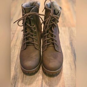 Soda Women Chunky High Heel Combat Army Riding Boot Booties Lug Tan Brown Sz 8.5